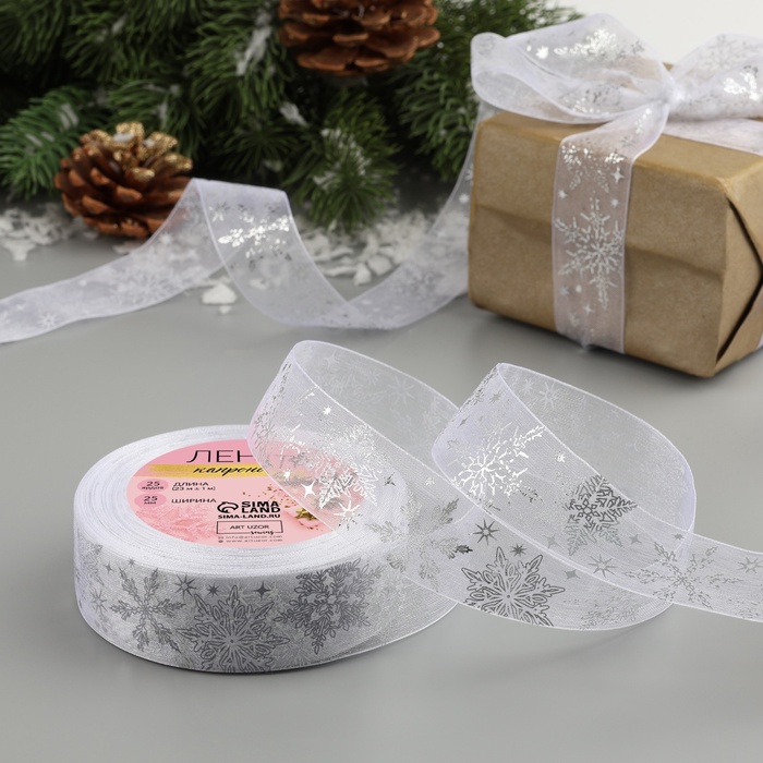 Лента капроновая с тиснением «Фигурные снежинки», 25 мм × 23 ± 1 м, цвет белый/серебряный - Фото 1