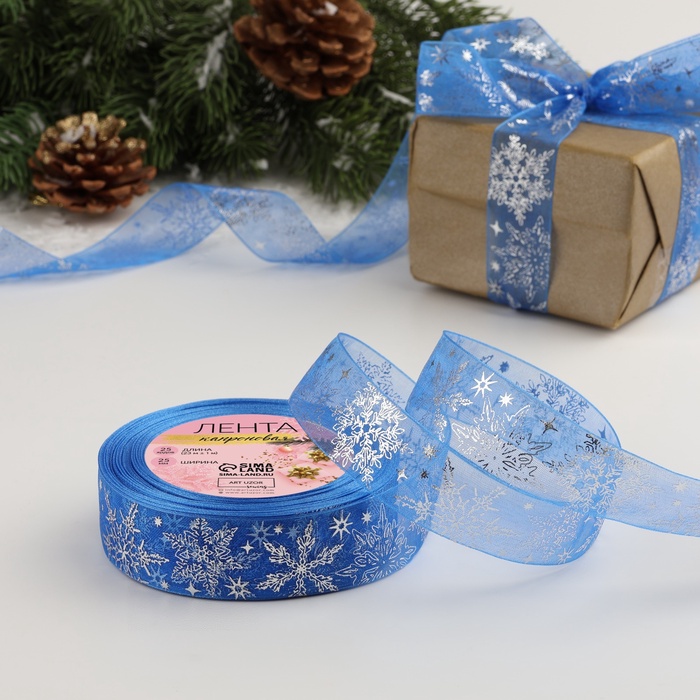Лента капроновая с тиснением «Фигурные снежинки», 25 мм × 23 ± 1 м, цвет синий/серебряный - Фото 1