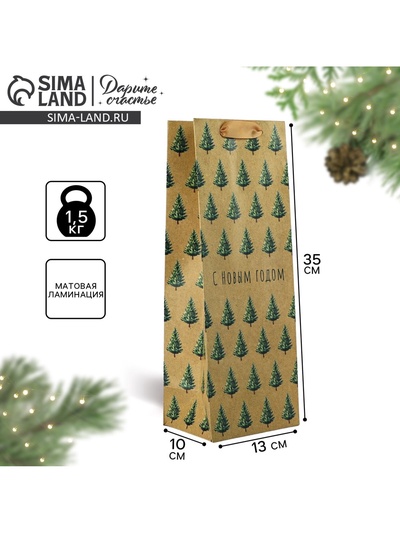 Пакет подарочный под бутылку новогодний «С Новым годом», 13×35×10 см