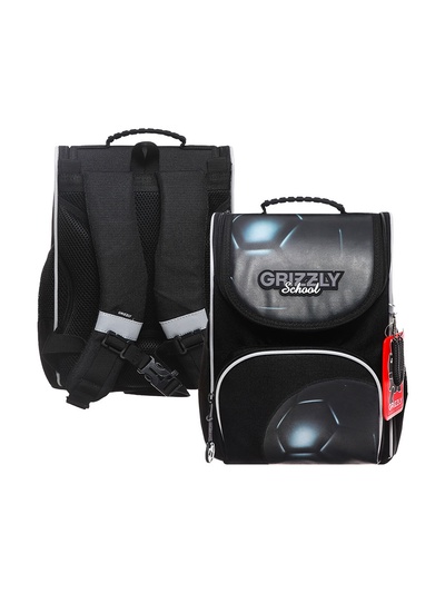 Ранец школьный Стандарт, 33×25×13 см, Grizzly, + мешок для обуви, чёрный