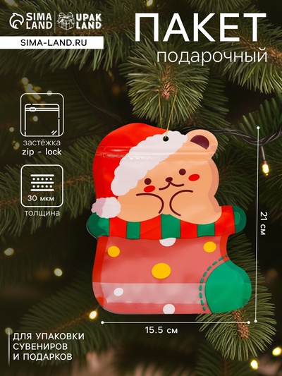 Пакет подарочный новогодний, фигурный «Мишка с колпаком», с zip - lock застежкой, 21×15.5 см