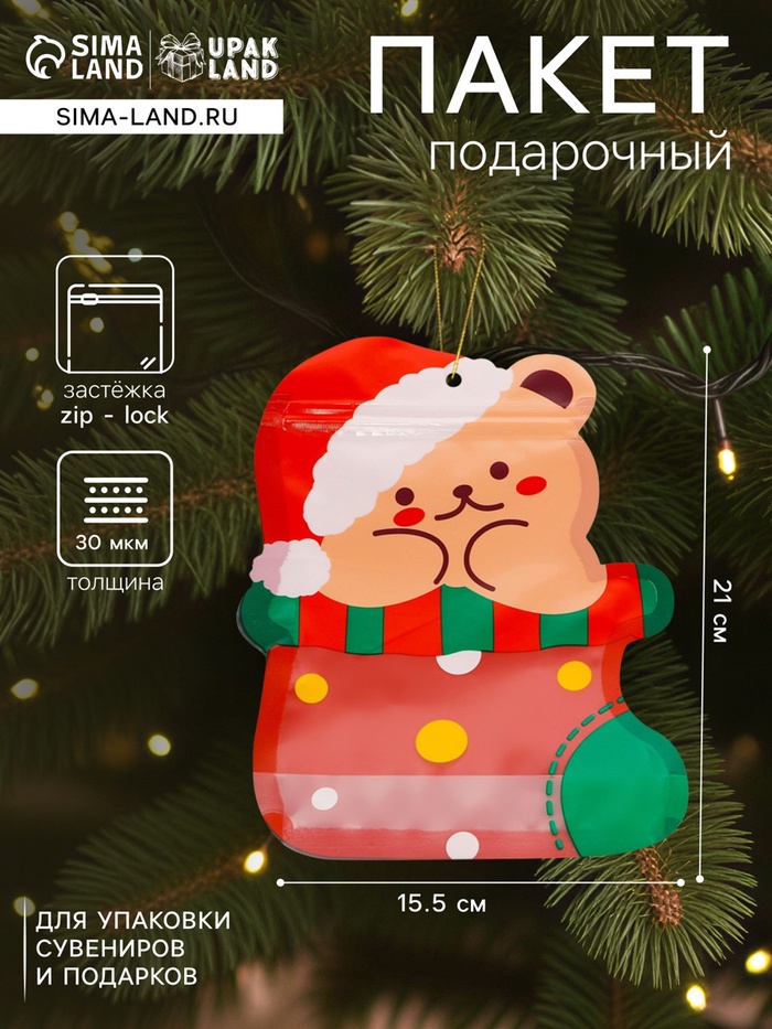 Пакет подарочный новогодний, фигурный «Мишка с колпаком», с zip - lock застежкой, 21×15.5 см - Фото 1