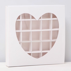 Коробка для 25 конфет, белое сердце, 22×22×3.5 см