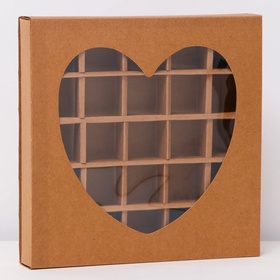 Коробка для 25 конфет, крафт, сердце, 22×22×3.5 см