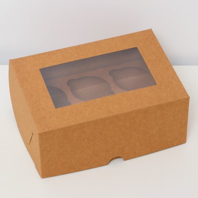 Коробка для 6 мини - капкейков крафт с окном, 18.6×13.1×8 см