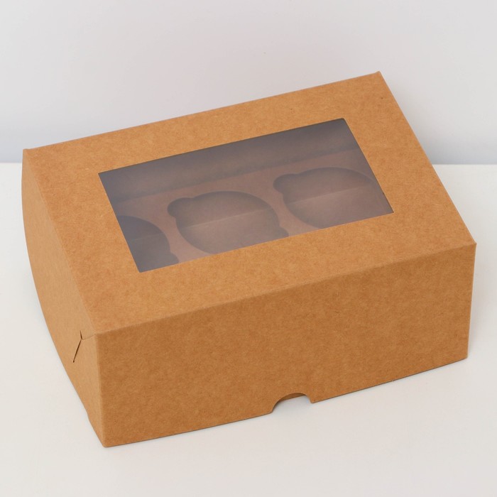 Коробка для 6 мини - капкейков крафт с окном, 18.6×13.1×8 см - Фото 1
