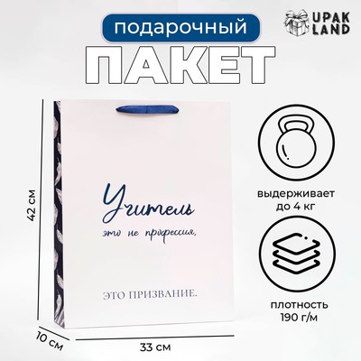 Пакет подарочный ламинированный вертикальный «Учителю», 31×40×11.5 см