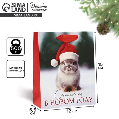 Пакет подарочный новогодний ламинированный «Счастья в Новом году», S 12×15×5.5 см