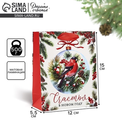 Пакет подарочный новогодний ламинированный «Счастья в Новом году», S 12×15×5.5 см