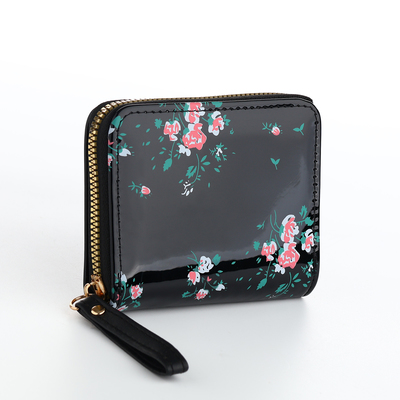 Кошелёк женский на молнии с ремешком, лакированный, чёрный