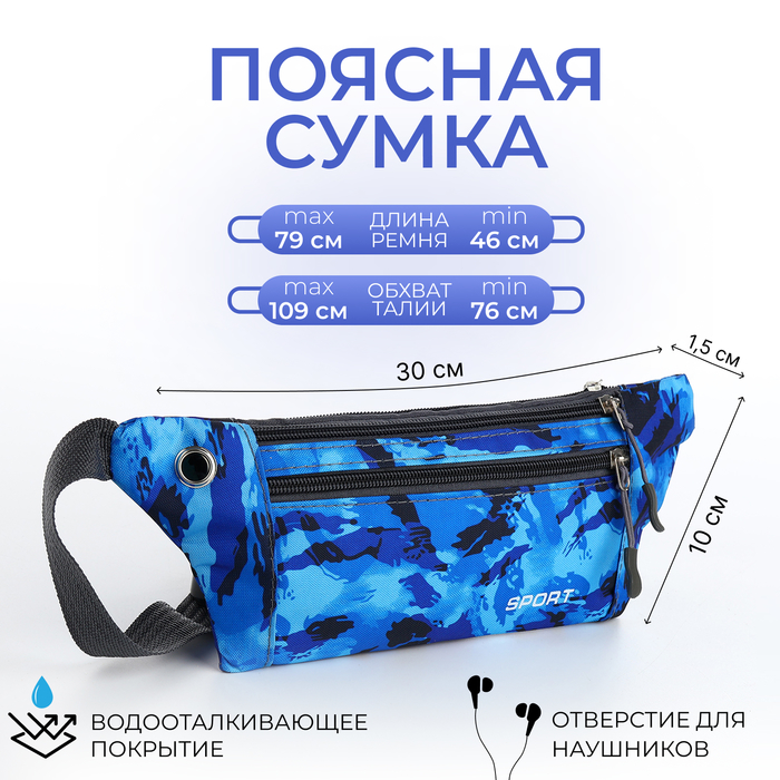 

Поясная сумка на молнии, 2 наружных кармана, цвет синий/камуфляж