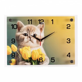 Часы настенные, интерьерные "Котёнок в тюльпанах", 25 х 35 см, бесшумные