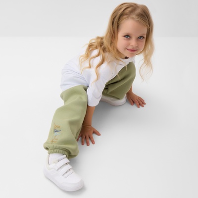 Брюки для девочки с начёсом MINAKU: Exclusive print, оливковые, Oversize рост 116 см