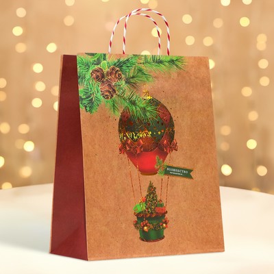 Пакет бумажный подарочный новогодний крафт «Новогодний воздушный шар» 26×32×12 см