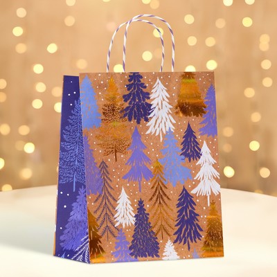 Пакет бумажный подарочный новогодний крафт «Узор ёлки», с тиснением, 26×32×12 см