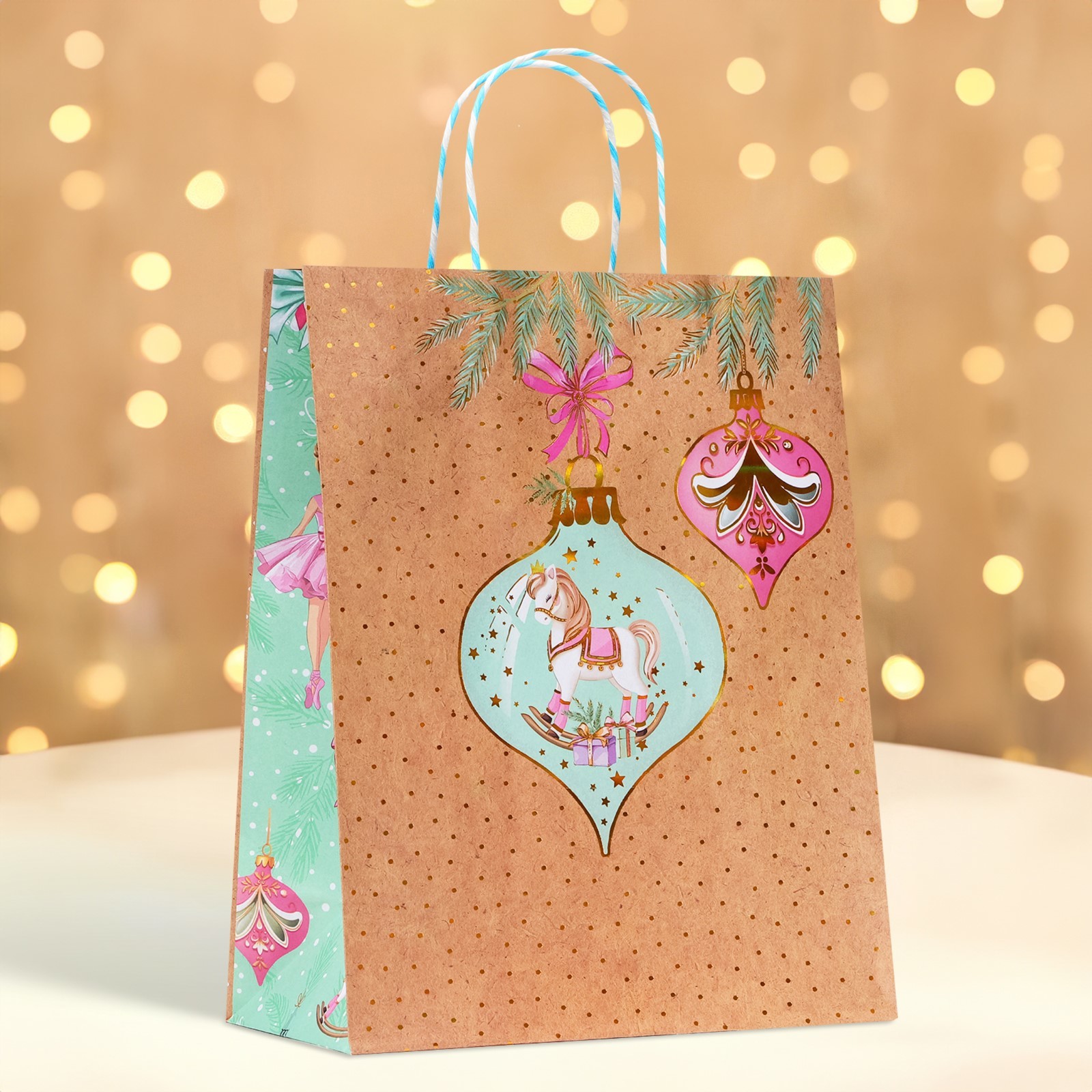 Пакет бумажный подарочный новогодний крафт "Новогоднии игрушки" 18 х 22 ...