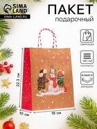 Пакет бумажный подарочный новогодний крафт «Снеговик» 18×22.3×10 см - Фото 1