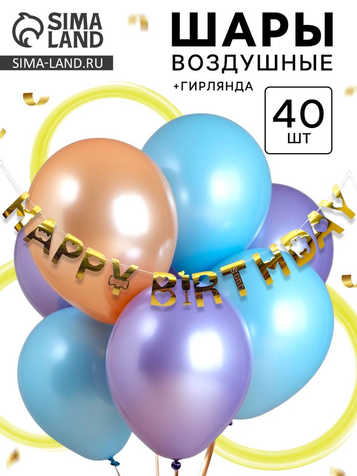 Воздушные шары латексные, набор «С днем рождения»: 40 шаров + гирлянда - Фото 1