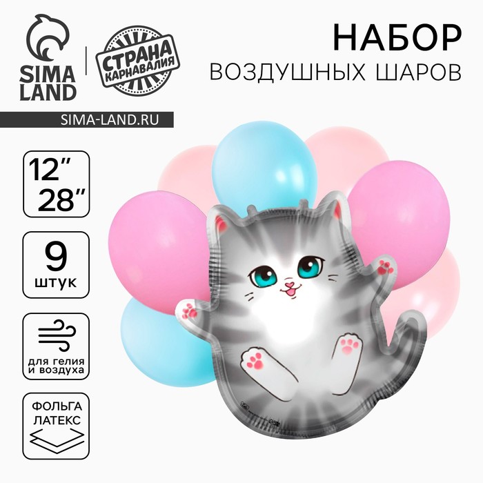 

Набор воздушных шаров "Серый котик", фольга, латекс, 9 шт.