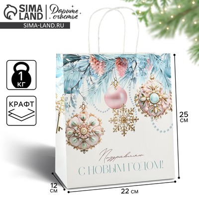 Пакет подарочный новогодний «Поздравляю С Новым годом», белый крафт, 22×25×12 см