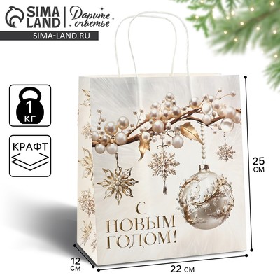 Пакет подарочный новогодний «С Новым годом», белый крафт, 22×25×12 см