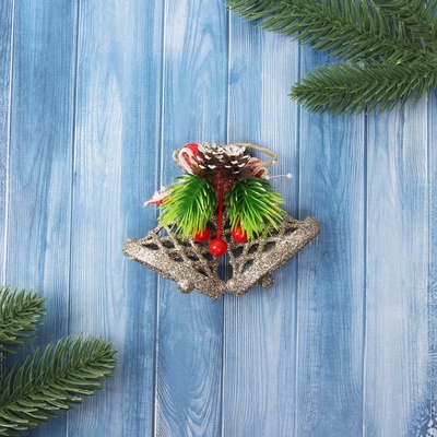 Ёлочная игрушка «Зимнее волшебство. Колокольчик блеск бантик» пластик, 8×10.5 см, золото