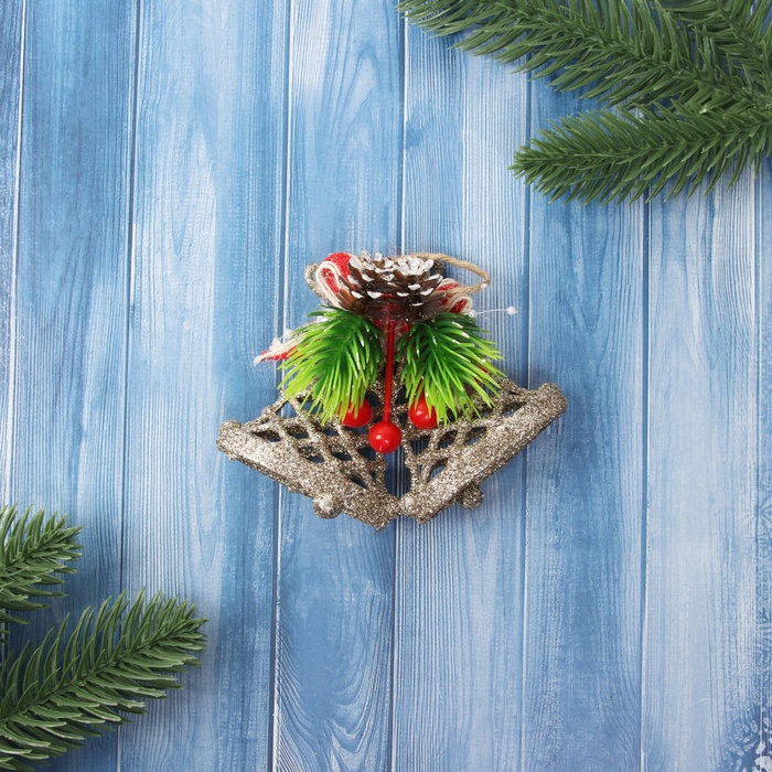 Ёлочная игрушка «Зимнее волшебство. Колокольчик блеск бантик» пластик, 8×10.5 см, золото - Фото 1