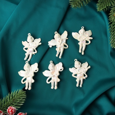Ёлочная игрушка 6 шт. «Ангелочки перелив» 5.5×4 см, белый перламутр