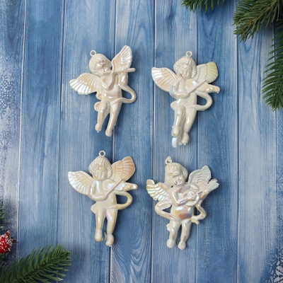Ёлочные игрушки "Ангелочки перелив" (набор 4 шт) 8х6,5 см, белый перламутр