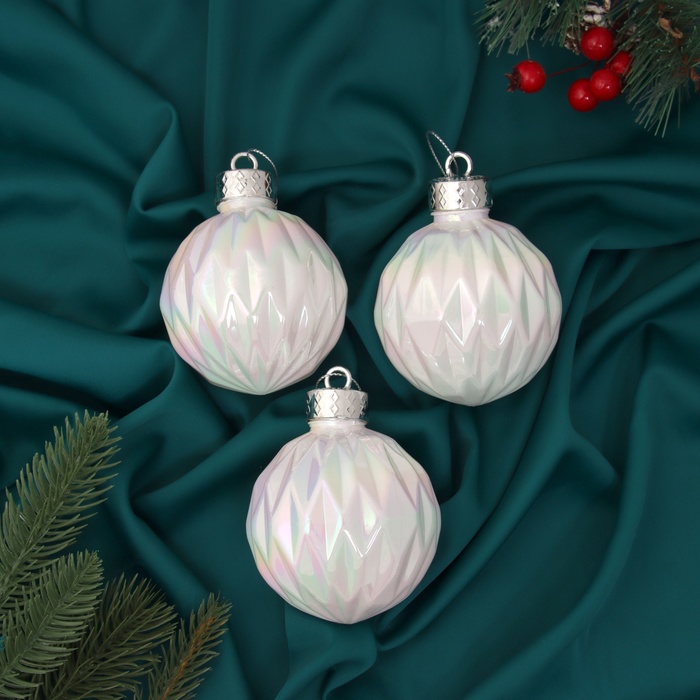 Ёлочные игрушки «Перелив», шары новогодние, d=8 см, набор 3 шт., грани, белый перламутр