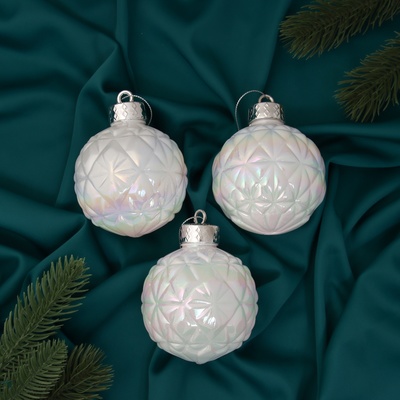 Ёлочные игрушки «Перелив», шары новогодние, d=8 см, набор 3 шт., сеточка, белый перламутр