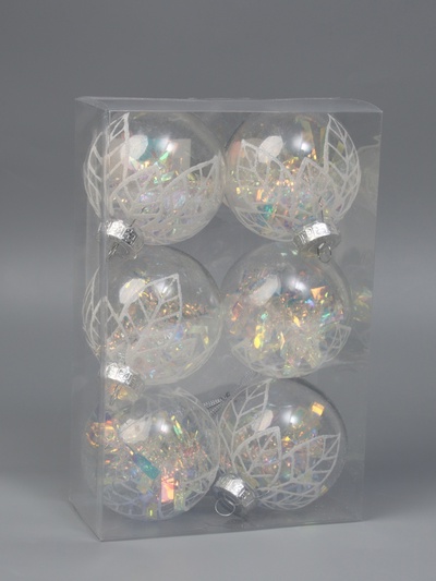 Ёлочные игрушки, шары новогодние , пластик, набор d-8 см, 6 шт "Прозрачный лист"