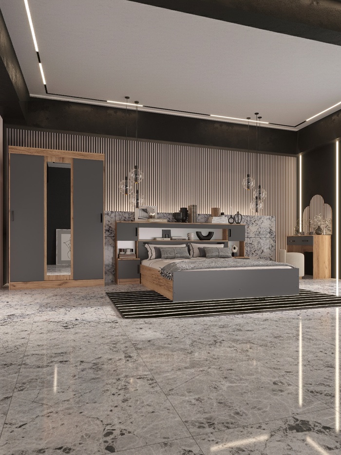 Спальный гарнитур «Бася», комплект 6 предметов, цвет графит/дуб крафт - Фото 1