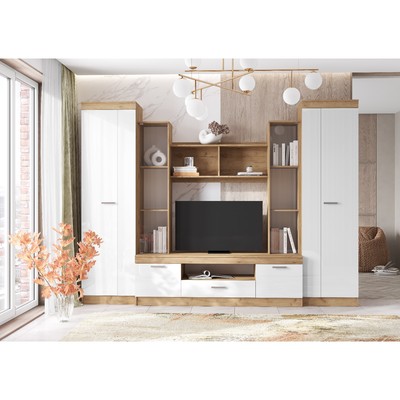 Гостиная «Атлантида 6», 3000×594×2216 мм, цвет дуб крафт/белый глянец