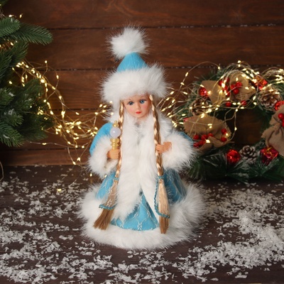 Снегурочка под ёлку «В пушистой шубке, с фонариком» двигается, с подсветкой, 30×18 см, голубой