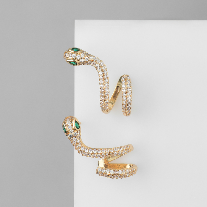 Серьги со стразами «Змея» изогнутая, белые в золоте - Фото 1