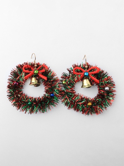 Серьги висячие «Новогодние» венок с колоколом, цветные в золоте