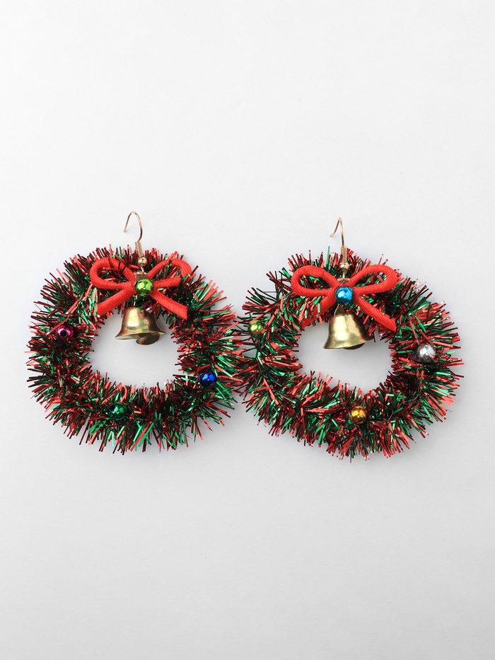 Серьги висячие «Новогодние» венок с колоколом, цветные в золоте - Фото 1