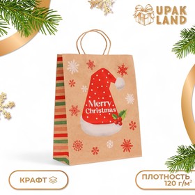 Пакет бумажный подарочный новогодний крафт "Новогодняя шапка", 33 ? 26 ? 12 см. (комплект 6 шт)