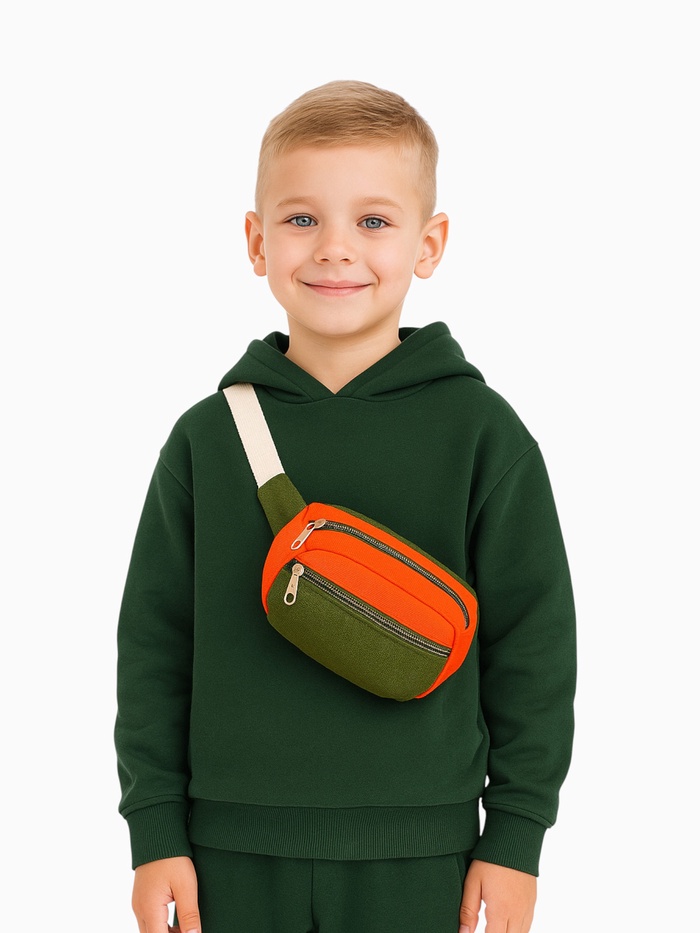 Сумка детская поясная на молнии, наружный карман, хаки, оранжевая - Фото 1