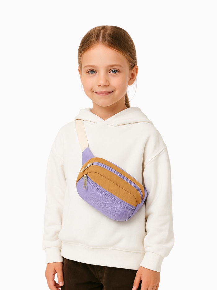 Сумка детская поясная на молнии, наружный карман, сиреневая, бежевая - Фото 1