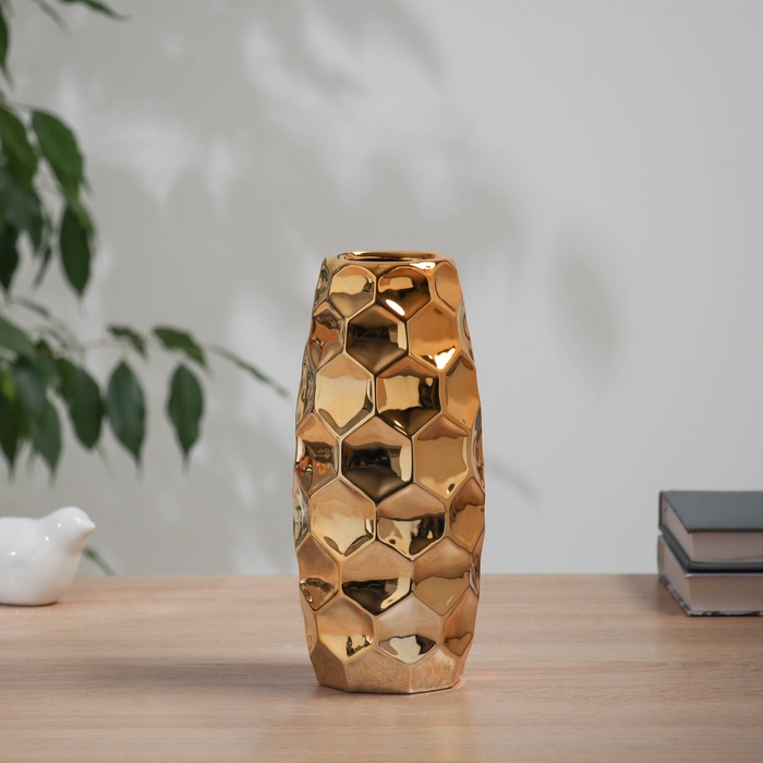 Ваза «Дарио», соты, d=6 см, 21×7 см, керамика, золотистая - Фото 1