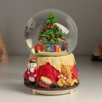 Снежный шар новогодний стеклянный «Ёлочка и мишка», музыкальный, световой, снег кружится, 10.5×10.5×14 см