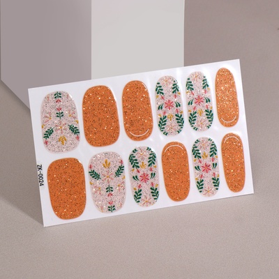 Лаковые полоски для маникюра набор 12шт B194 Цветы с блёстками оранж/сереб накл QF