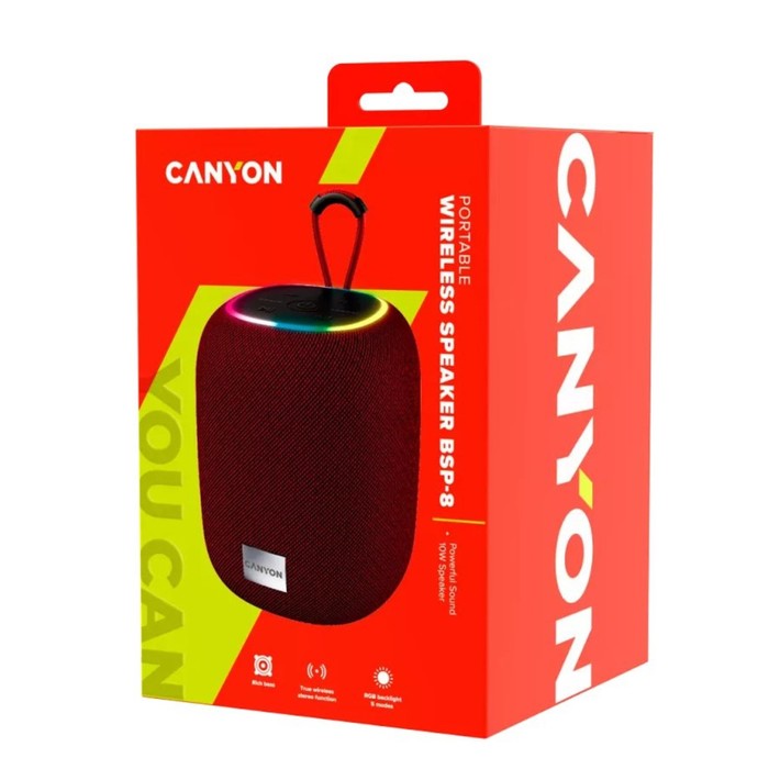 Портативная акустика Canyon BSP-8 красная 10 Вт. BT 5.2, AUX, Micro-SD, USB,  RGB-подсветка   107347 - фото 51635527