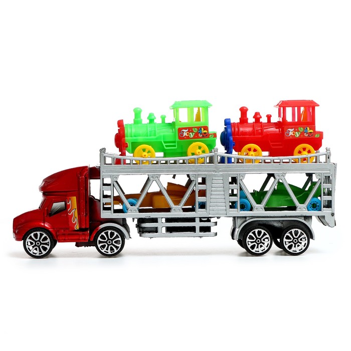 Грузовик инерционный «Автовоз», 2 машинки и 2 паровоза, цвета МИКС - фото 1905341778