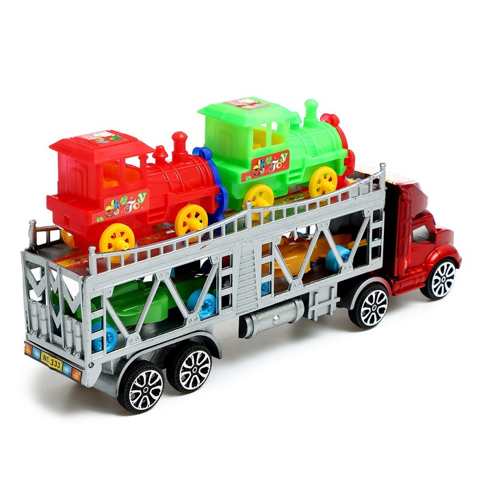 Грузовик инерционный «Автовоз», 2 машинки и 2 паровоза, цвета МИКС - фото 1905341779