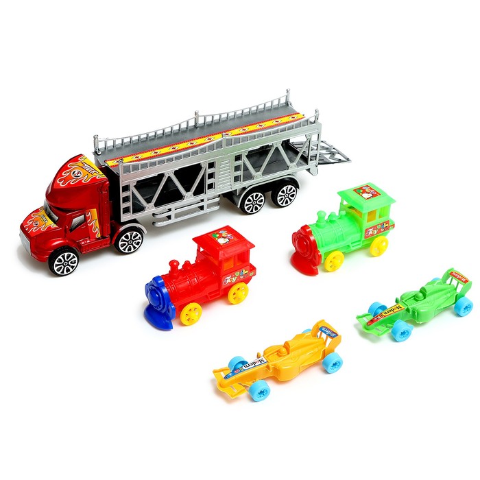 Грузовик инерционный «Автовоз», 2 машинки и 2 паровоза, цвета МИКС - фото 1905341780