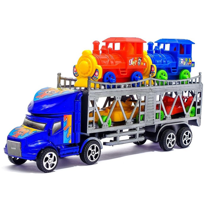 Грузовик инерционный «Автовоз», 2 машинки и 2 паровоза, цвета МИКС - фото 1905341782
