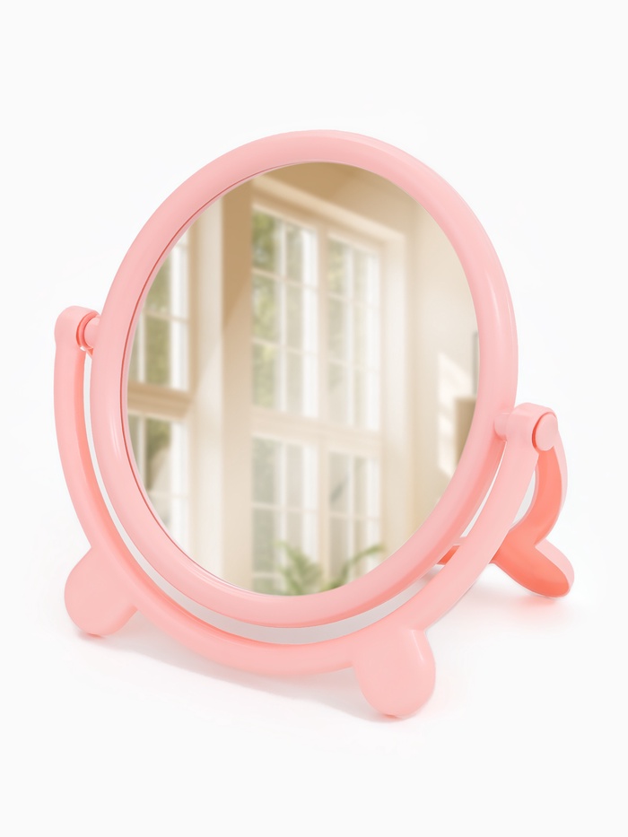 Зеркало настольное, круглое, с рамкой для фото, d=18.5 см, (d=13.5 см), розовое - Фото 1